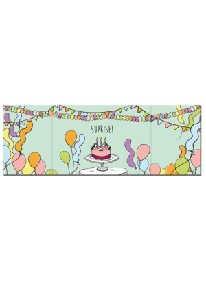 Binnenkant openklapkaart met heel veel slingers, ballonen en in het midden een taart met de tekst 'Suprise' erboven
