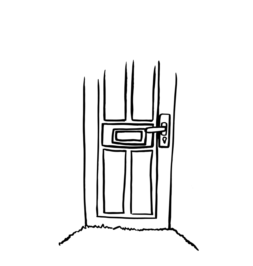 tekening deur met brievenbus waarbij wenskaart op de deurmat valt