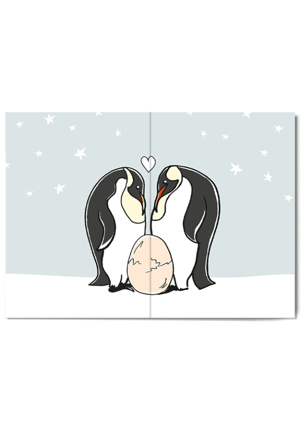 Geboortekaartje voor in de winter, twee grote pinguïns wachten tot het ei uitkomt