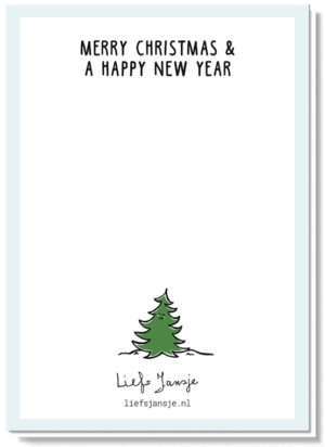Achterkant van de kerstkaart 'Hang you', met daarop de tekst 'Merry Christmas & a happy new year'. Klein blij kerstboompje boven logo Liefs Jansje