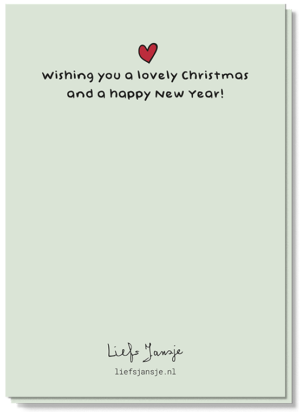Achterkant van de mistletoe kerstkaart met daarop een klein rood hartje en de tekst 'Wishing you a lovely Christmas and a happy new year!'