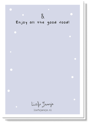 Achterkant van Vredesduif kerstkaart met daarop de tekst 'Enjoy all the good food!'