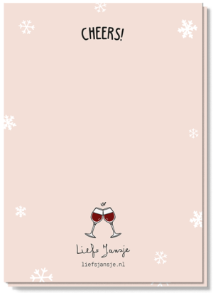 Achterkant van de wijn kerstkaart met daarop 2 kleine klinkende rode wijn glazen boven het Liefs Jansje logo en de tekst ' Cheers!'