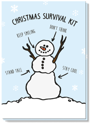 Met humor kerstwensen sturen doe je met deze sneeuwpop kerstkaart waarbij staat geschreven hoe je net als een sneeuwpop de kerst kan doorkomen