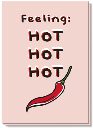 Voorkant wenskaart met de tekst "feeling: HOT HOT HOT" en een afbeelding van een rode peper
