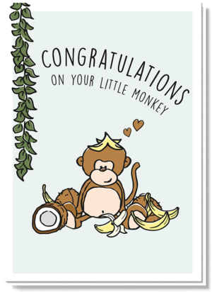 Voorkant geboortekaart met daarop een liaan en een aapje dat zit tussen de bananen en kokosnoten met de tekst 'Congratulations on your little monkey'