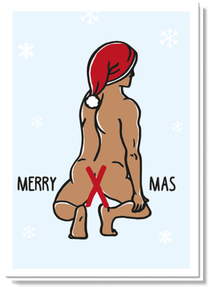 Leuke, maar ook stoute kerstgroeten met deze naakte knielende kerstman met een X van 'merry X mas' voor zijn billen