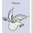 Humor kerstkaart van volgevreten vredesduif met kippenpoot tussen snavel