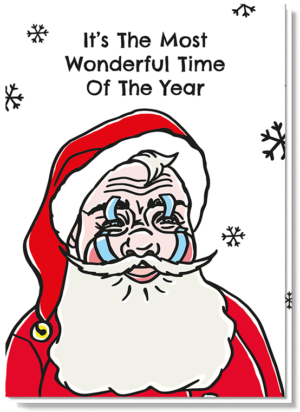 Stuur een lieve kerstgroet met deze kerstkaart van een kerstman met plakkers bij zijn ogen en mond, zodat hij blijft lachen