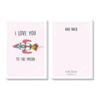 Liefdes kaart met raket met de tekst: I love you to the moon and back