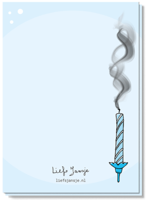 Achterkant verjaardagskaart met uitgeblazen blauwe kaarsje
