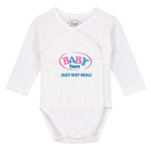 Baby overslag romper lange mouw met daarop het logo van baby born en daaronder de tekst 'Just got real!'