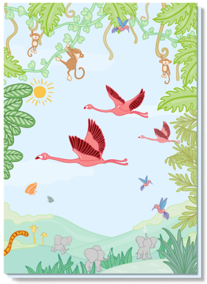 Kinderkaart dieren met daarop een vrolijke jungle met flamingo's, aapjes, olifantjes, giraffes etc.