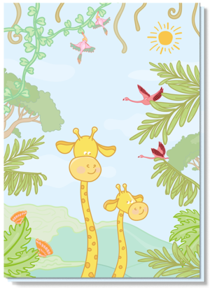 Vrolijke dierenkaart met daarop twee giraffen, flamingo's en tropische vogels.