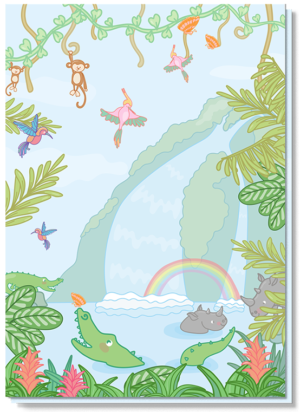 Kinderkaarten verjaardag met daarop een vrolijke jungle, met mooie kleuren. Spot de krokodil, neushoorns, aapjes en de tropische vogels