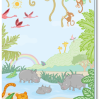 Verjaardagskaart kind met daarop heel veel jungledieren, zoals de tijger, neushoorn, flamingo, giraffes en aapjes. De vrolijke kleuren maken de kaart extra leuk!