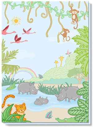 Verjaardagskaart kind met daarop heel veel jungledieren, zoals de tijger, neushoorn, flamingo, giraffes en aapjes. De vrolijke kleuren maken de kaart extra leuk!