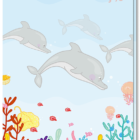 Kinder wenskaart met daarop vrolijke dolfijntjes en een mooie onderzee wereld