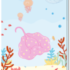Leuke kinderkaarten met daarop een vrolijke oceaan met roze rog, walvis en kwallen