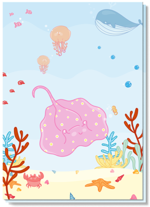 Leuke kinderkaarten met daarop een vrolijke oceaan met roze rog, walvis en kwallen