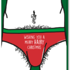 Voorkant foute kerstgroet met een man in slip met haar erom heen en de tekst op de kerstslip is "Wishing you a merry hairy christmas"