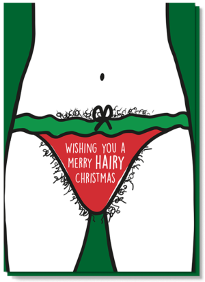 Voorkant foute kerstkaart met een vrouw in kerststring met daar omheen haar en de tekst op de string "Wishing you a merry hairy christmas"