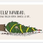 Voorkant kerstgroet met op de kaart een omgevallen kerstboom met kat erin en de tekst erboven "Feliz Navidad, nieuwe ballen kopen, dankzij je kat"