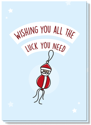 Leuke kerstwensen kerstkaart met daarop de tekst "Wishing you all the luck you need" en daaronder een gelukspoppetje van de kerstman