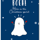 Voorkant kaartje fijne feestdagen met daarop een kerst spookje die zegt "Boeh! Here is the Christmas spirit"