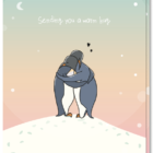 Kerstkaart met de illustratie van twee pinguins die knuffelen met de tekst ''sending you a warm hug''
