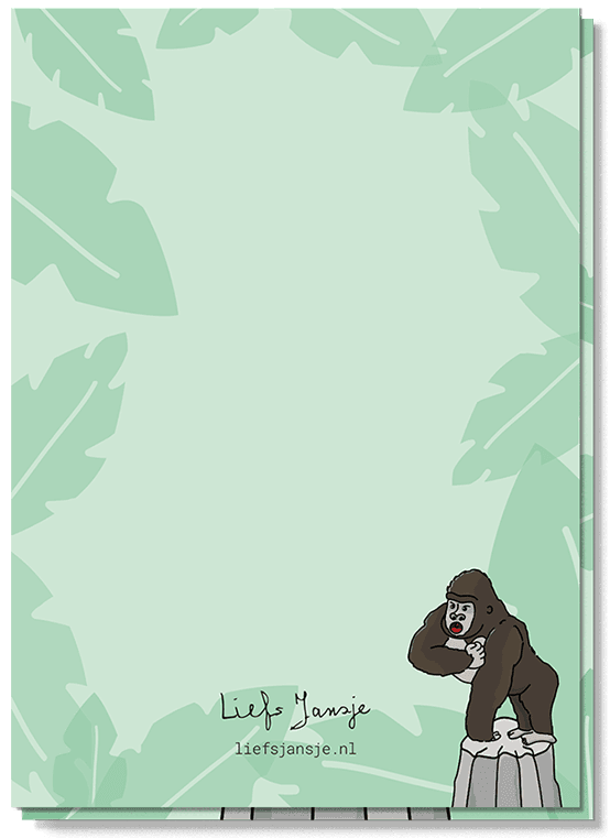 Achterkant wenskaart met een illustratie van een aap op een rots