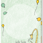 Achterkant wenskaart met illustraties van een giraffe met ballonnen.