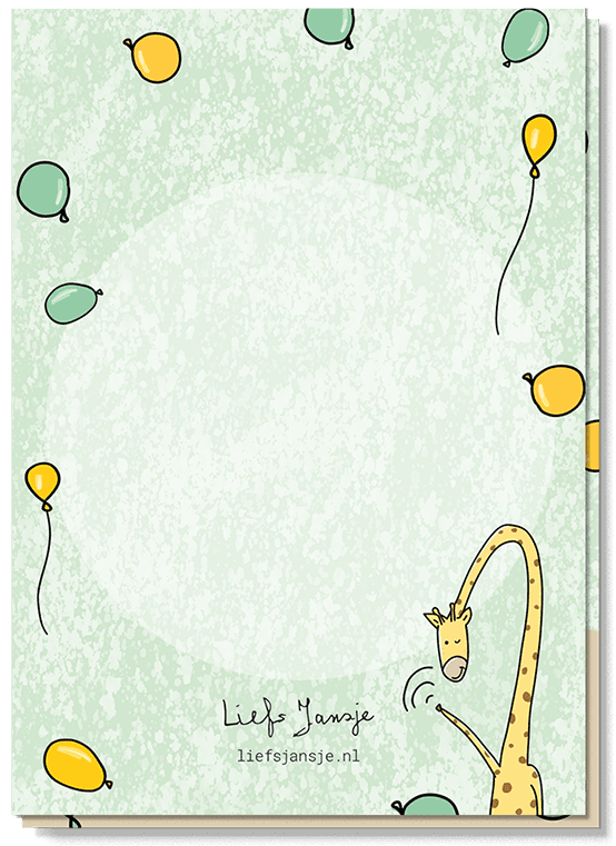 Achterkant wenskaart met illustraties van een giraffe met ballonnen.