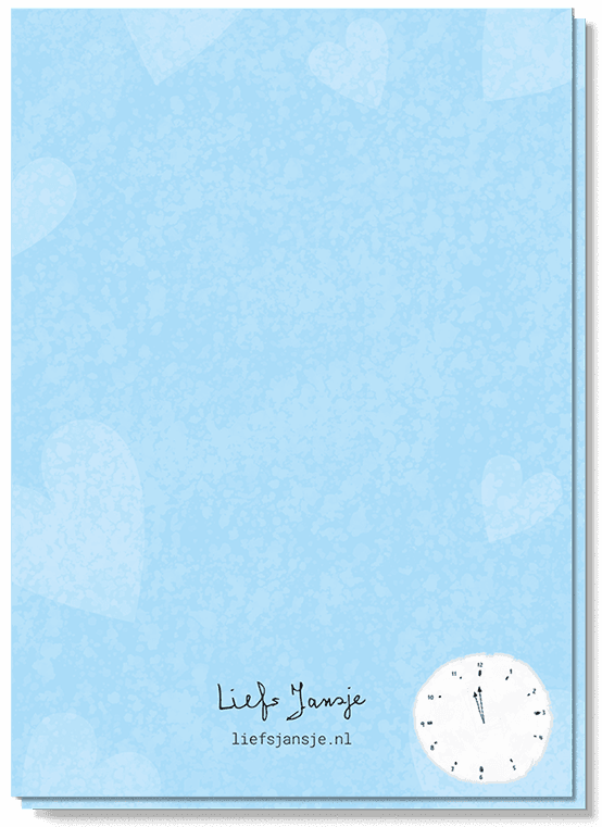 Achterkant wenskaart met een illustratie van een klokje met een blauwe achtergrond.