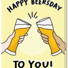 Voorkant wenskaart met illustraties van twee biertjes die proosten met de tekst: happy beursday to you