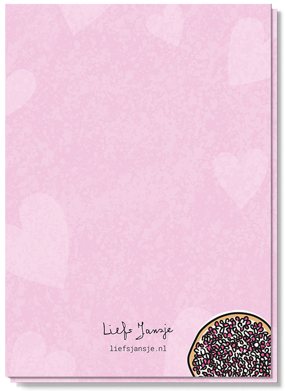 Achterkant blauwe wenskaart met een illustratie van een beschuitje met roze muisjes.