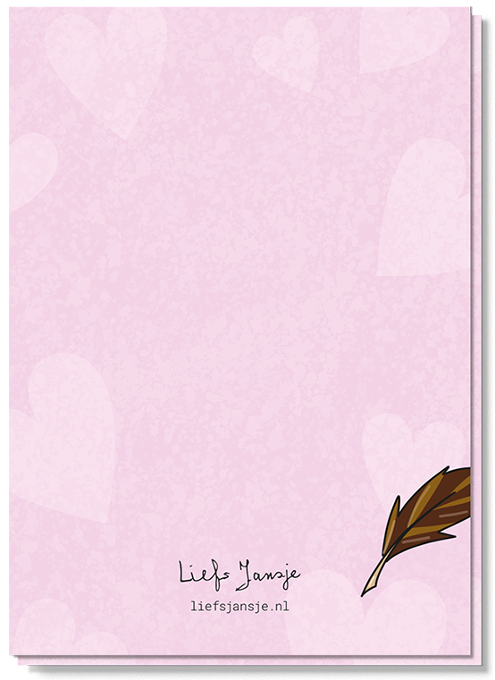 Achterkant roze wenskaart met de illustratie van een veertke